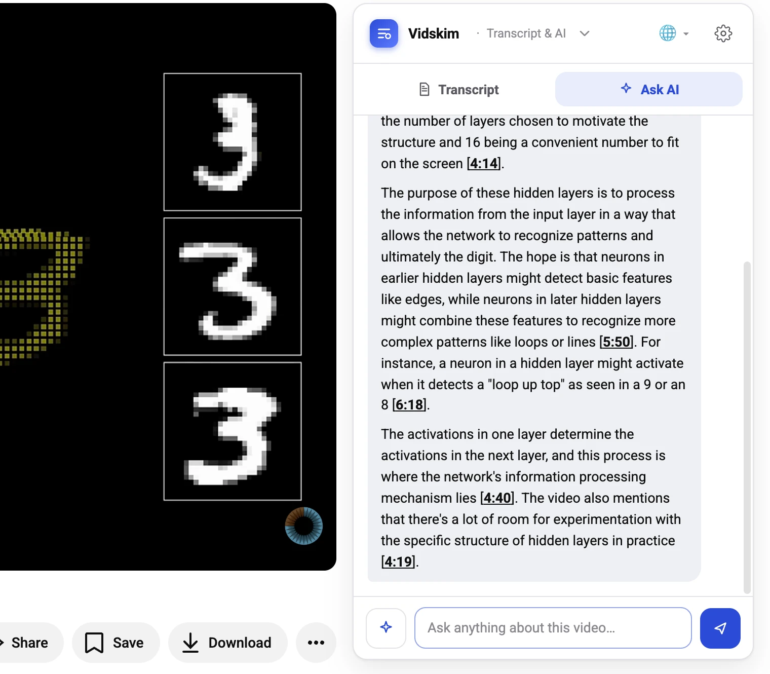 Vidskim on a real YouTube page: the panel shows an AI answer about the video with clickable timecode citations
