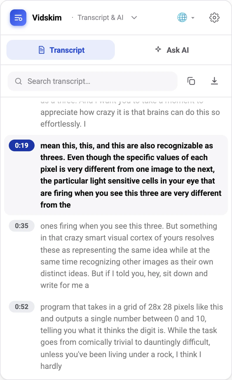 Vidskim panel on a YouTube page: searchable transcript with timestamps, the current line highlighted